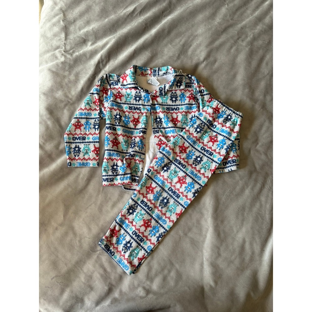 Mon‎ Petit Boy 3T Gamer Pajama Set Fleece Game Over Robot Blue Red White 2pc